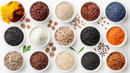 A collection of grains and legumes, including quinoa, rice, and lentils, displayed in small piles on a transparent background to showcase their different textures and colors.