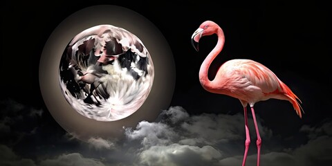 Sticker - Pink flamingo standing against black sky and huge moon in background, flamingo, pink, bird, sky, moon, night, wildlife