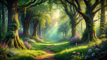 Poster - Enchanting lush fairy tale woodland with vibrant greenery, towering trees, and magical vibes, Enchanting, Lush