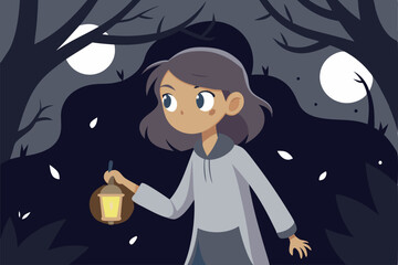 Cartoon illustration of a young girl wandering in a dark forest at night, holding a lantern as the moon shines brightly.