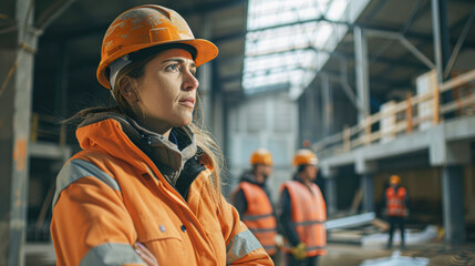 Poster - Female engineer managing a construction project with a team of workers