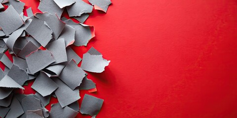 Poster - Torn gray paper pieces scattered over a vibrant red background, torn paper, gray, red, ripped, torn edges, texture