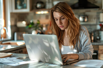 Wall Mural - Businesswoman at home using a laptop and reviewing tax receipts in the kitchen,