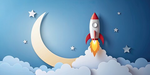 Wall Mural - paper cut style of a rocket flying in front of a crescent moon, paper cut, rocket, space, moon, star