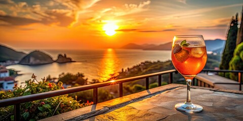 Wall Mural - Breathtaking sunset view at a picturesque location with an Aperol Spritz in the foreground, Aperol Spritz, cocktail