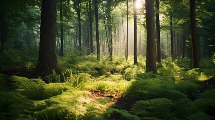 Wall Mural - Bright green grass glowing in the evening sun in a dense forest