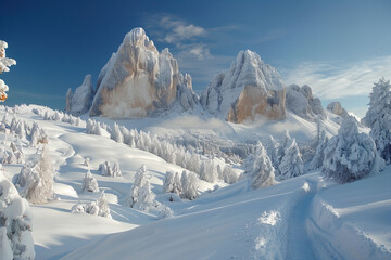 Wall Mural - Majestic Snowy Mountain Peaks with Pristine Winter Forests and Blue Sky - Stunning Nature Landscape with Crisp Details