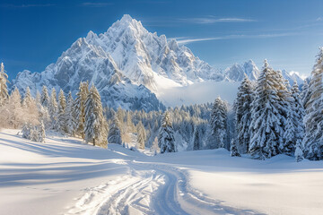 Wall Mural - Majestic Snowy Mountain Peaks with Pristine Winter Forests and Blue Sky - Stunning Nature Landscape with Crisp Details