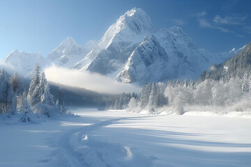 Wall Mural - Majestic Snowy Mountain Peaks with Pristine Winter Forests and Blue Sky - Stunning Nature Landscape with Crisp Details