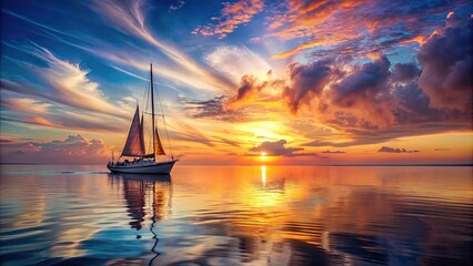 Poster - Elegant sailboat slicing through calm waters under a vibrant sunset sky , sailboat, elegant, serene, waters, dramatic, sunset