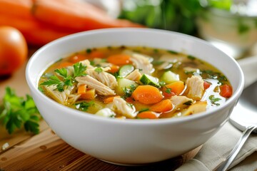 Sticker - Close-up of a nutritious bowl of chicken soup with fresh vegetables, perfect for a cozy meal