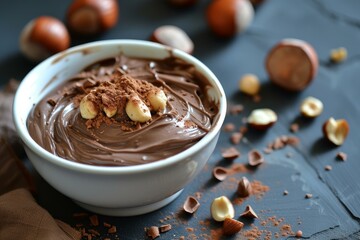 Canvas Print - Creamy chocolate hazelnut spread in a bowl, garnished with whole nuts and shavings