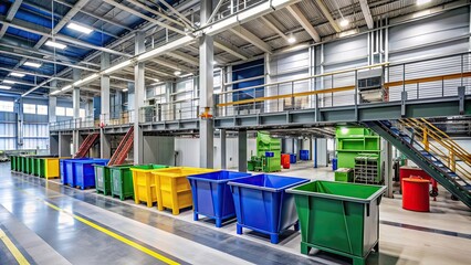 A modern recycling facility with sorting equipment and large bins , recycling, facility, waste management