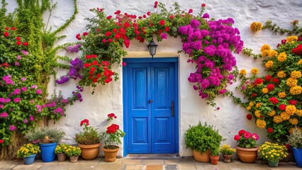 Poster - White wall, blue door, and colorful flowers in a charming setting, white, wall, blue, door, flowers, colorful, charming