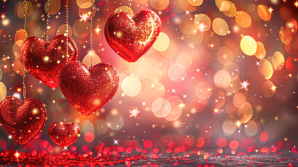 Canvas Print - Happy Valentine's Day banner with shiny red hearts and light effects