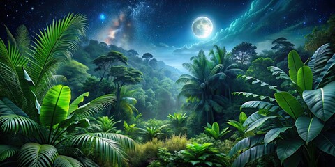 Poster - Lush tropical forest foliage with dense bushes under the dark night sky, tropical, forest, foliage, plants, bushes, dark, night