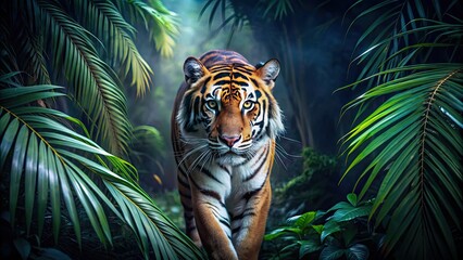 Wall Mural - tiger stalking through dense tropical rainforest at night, tiger, wildlife, predator, rainforest, na