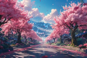 Anime School Background with Cherry Blossom Trees in Pastel Cartoon Style - High Resolution, Detail, and Quality