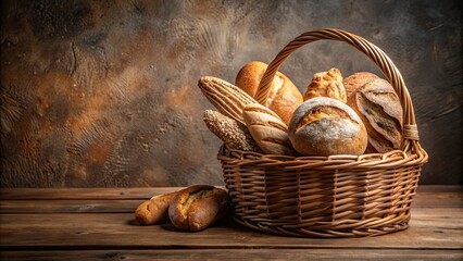 Canvas Print - Freshly baked bread in a wicker basket, Bread, bakery, fresh, homemade, rustic, food, delicious, traditional, organic, loaf