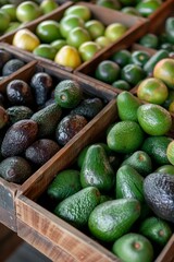 Wall Mural - Ripe avocados in wooden crates among assorted fruits at market warehouse for fresh produce display