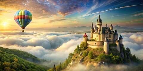 Poster - Enchanting fairy tale castle with a colorful hot air balloon floating in the sky, magic, fairy tale, castle, hot air balloon