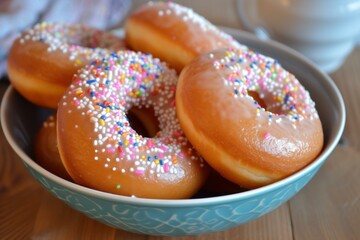 Sticker - Delicious glazed donuts adorned with colorful sprinkles, served in a stylish bowl next to a cup of coffee