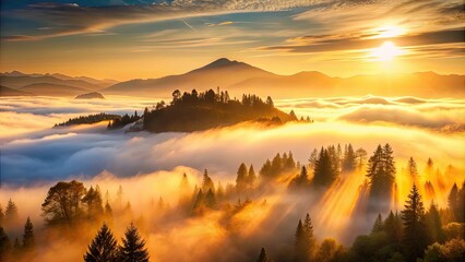 Canvas Print - Sunrise over misty mountain with golden fog and dense trees, sunrise, mountains, mist, trees, fog, sunlight, golden, nature