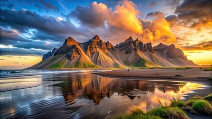 Canvas Print - Impressive view of Vestrahorn mountain on Stokksnes cape in Iceland during sunset, Vestrahorn, mountain