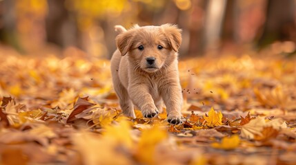 Golden Retriever Puppy Playing in Autumn Leaves