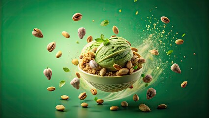 Poster - Refreshing pistachio frozen treat with chopped nuts, surrounded by falling nuts on green backdrop, pistachio