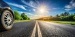 © in - Asphalt road stretches out in the scorching sun as sleek summer tires grip the surface, radiating heat., summer tires, grip, scorching, road