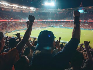 diverse crowd cheering in stadium stands viewed from behind excitement palpable as they watch unseen