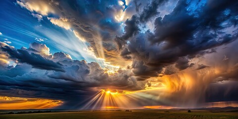 Wall Mural - Dramatic sunset landscape with crepuscular rays shining through dark storm clouds, sunset, dramatic, landscape, crepuscular rays