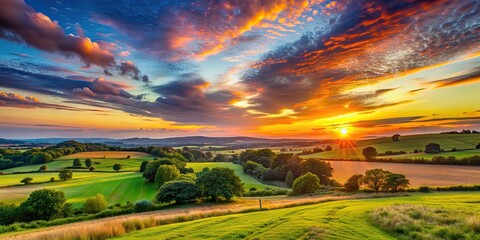 Poster - Vibrant rural summer sunset over a peaceful countryside landscape, sunset, rural, summer, evening, countryside, scenic