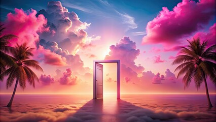 Canvas Print - Pink tropical sky with door to heaven, Pink, tropical, sky, door, heaven, paradise, dreamy, surreal, ethereal, celestial