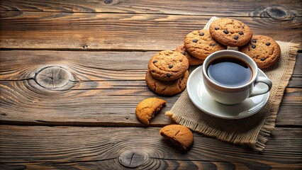 Sticker - Coffee cup with cookies on rustic wooden table background, food, photography, panoramic, flat lay, coffee, cup, cookies