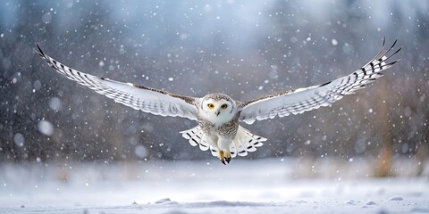 Sticker - Snowy owl gracefully flying close to the ground in a winter landscape with snowfall, Snowy owl, low flight, winter