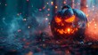 © Gia - A spooky jack-o'-lantern with a menacing face set against a dark, foggy backdrop. Fiery hues and glinting specks enhance the horror and mystique of the scene.