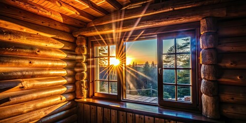 Sticker - Sunlight streaming through window of log cabin at sunset, illuminating interior , cabin, sunset, cozy, warm, rustic, home