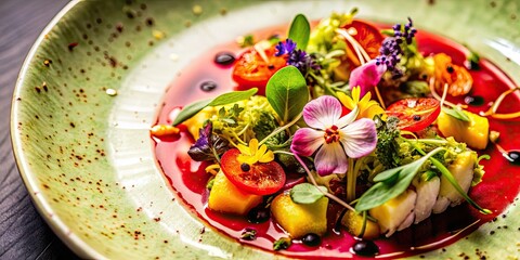 Poster - Close-up shot of a beautifully plated dish with vibrant colors and intricate garnishes, food