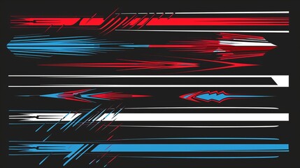 Wall Mural - A collection of assorted abstract red, blue, and white graphic design lines, portraying a modern and futuristic artistic style thoughtfully composed on a dark background.