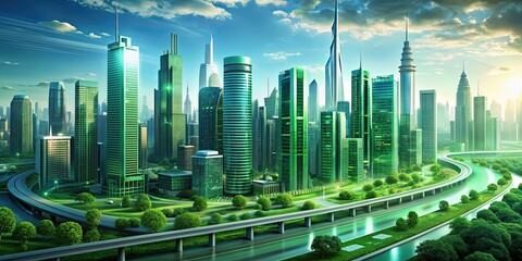 Wall Mural - Futuristic cityscape with green technology integrated into infrastructure, futuristic, ecofriendly, photorealistic