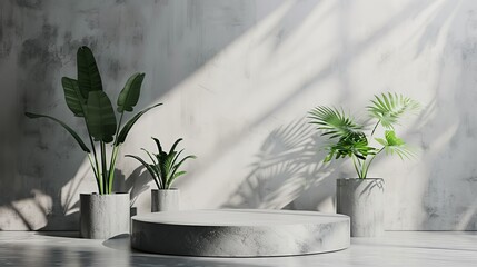 Sticker - A minimalistic concrete stage is set against a textured wall, with a few green potted plants casting intricate shadows, encapsulating simplicity and organic beauty.