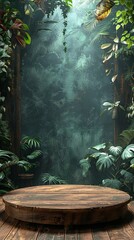 Wall Mural - A serene and naturally aesthetic frame showcasing a rustic wooden podium surrounded by various lush green plants and leaves, beautifully lit to enhance an organic ambiance.