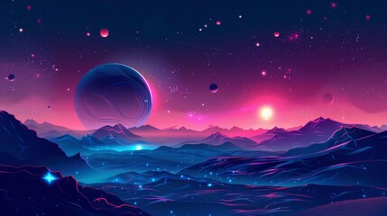 Wall Mural - a fantastical scene showcasing a large blue planet with a glowing horizon, set against a backdrop of