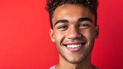 A close-up image capturing a smiling young man with curly hair, set against a bright and vibrant red background.