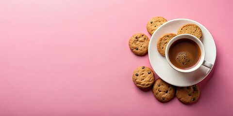 Sticker - Coffee cup with cookies on a pink background, panoramic flat lay food photography, coffee, cup, cookies, pink, background