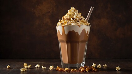 Wall Mural - Delightful milkshake complemented by caramel syrup, cream liqueur, caramel popcorn, and chocolate powder, displayed against a vintage brown backdrop