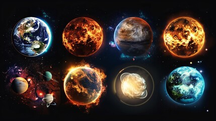 Wall Mural - A striking collection of planets and celestial bodies set against a cosmic background, each planet showcasing different textures and appearances, emphasizing the diversity of space.