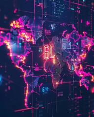 A futuristic digital world map illuminated with neon accents that highlight global connectivity through a technological grid overlay.